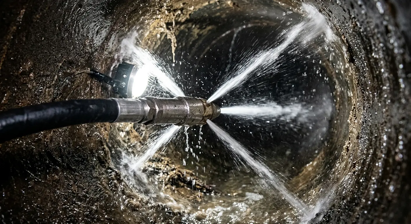 High-pressure hydro jetting nozzle cleaning sewer pipe for Storm Drain Cleaning in Orangetown