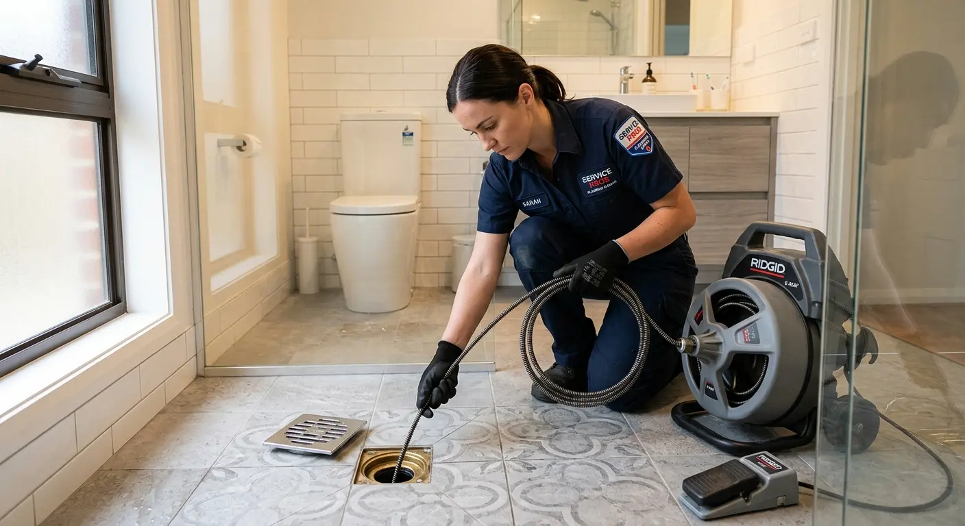 Technician clearing a bathroom floor drain for Sewer Line Installation in Orangetown
